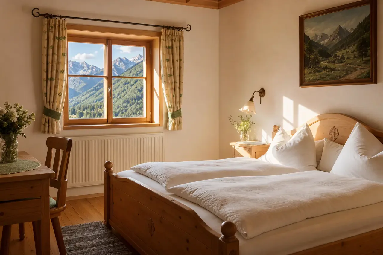 Pokój w alpejskim pensjonacie w Saalfelden — drewniana stylistyka